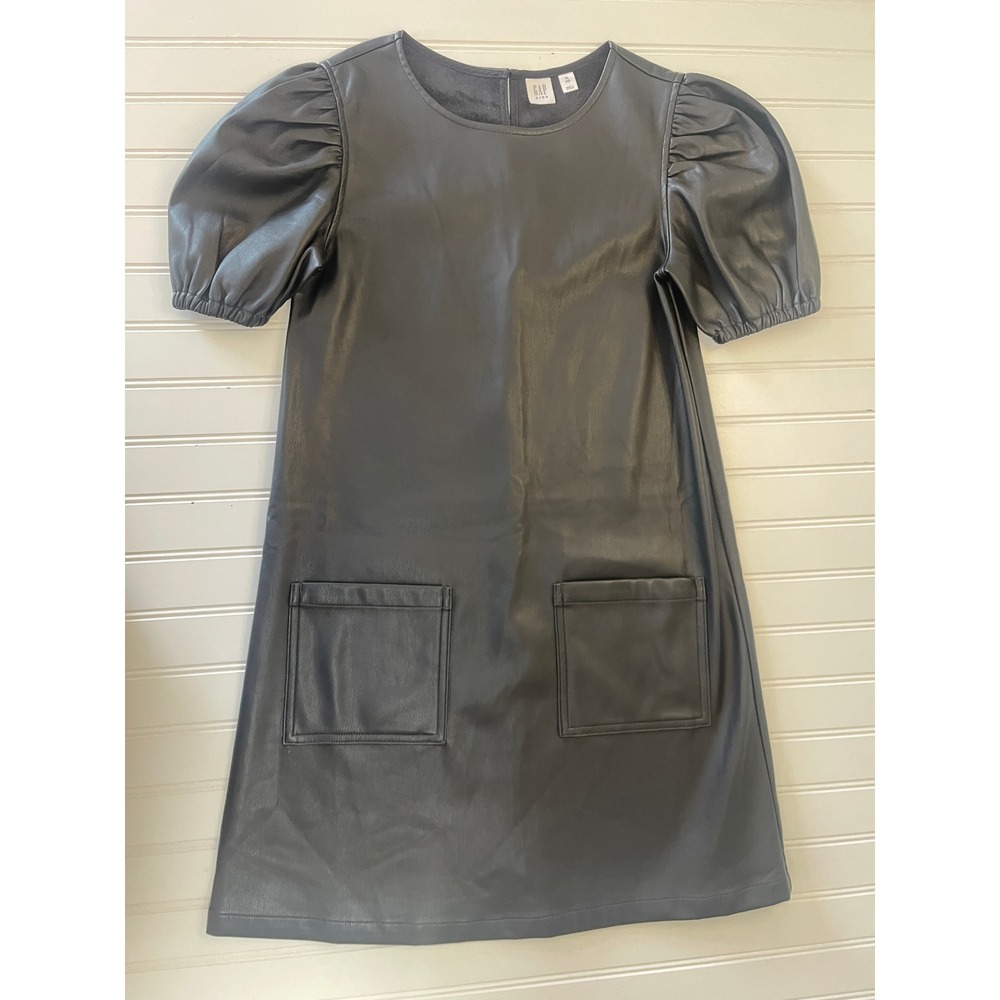 Gap Kids Girls XL 12 Black Faux Leather Puff Sleeve Pocket Shift Dress